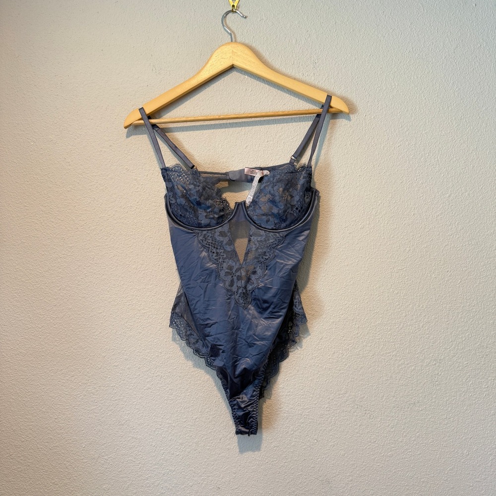 Victoria's Secret Blue Lace Satin Underwire Bodysuit Lingerie Large